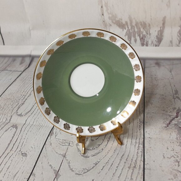 Crown Staffordshire Tea Cup And Saucer Green With Gold Roses E614 England - Picture 10 of 16